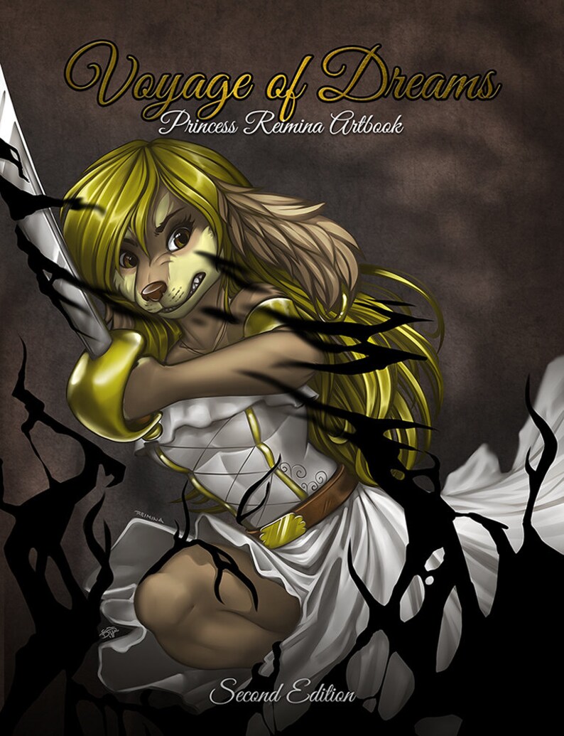 May include: An artbook cover titled "Voyage of Dreams" featuring a fantasy character with a canine-like face, holding a sword. The character has blonde hair and is wearing a white dress with gold accents. The background is dark with black, shadowy elements.