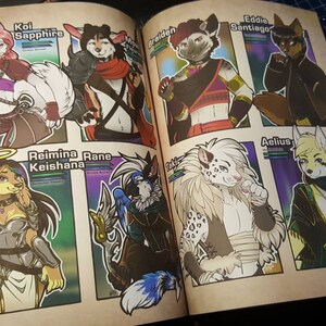 May include: A page from a comic book featuring colorful illustrations of anthropomorphic animal characters. Each character is depicted in a unique outfit with names like "Koi Sapphire" and "Aelius" displayed above them. The artwork has a fantasy theme.