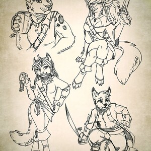 May include: Black and white line art illustration featuring four anthropomorphic animal characters in various poses. One holds a mug, another a pistol, a third keys, and the last a sword. The background is a textured, sepia tone.