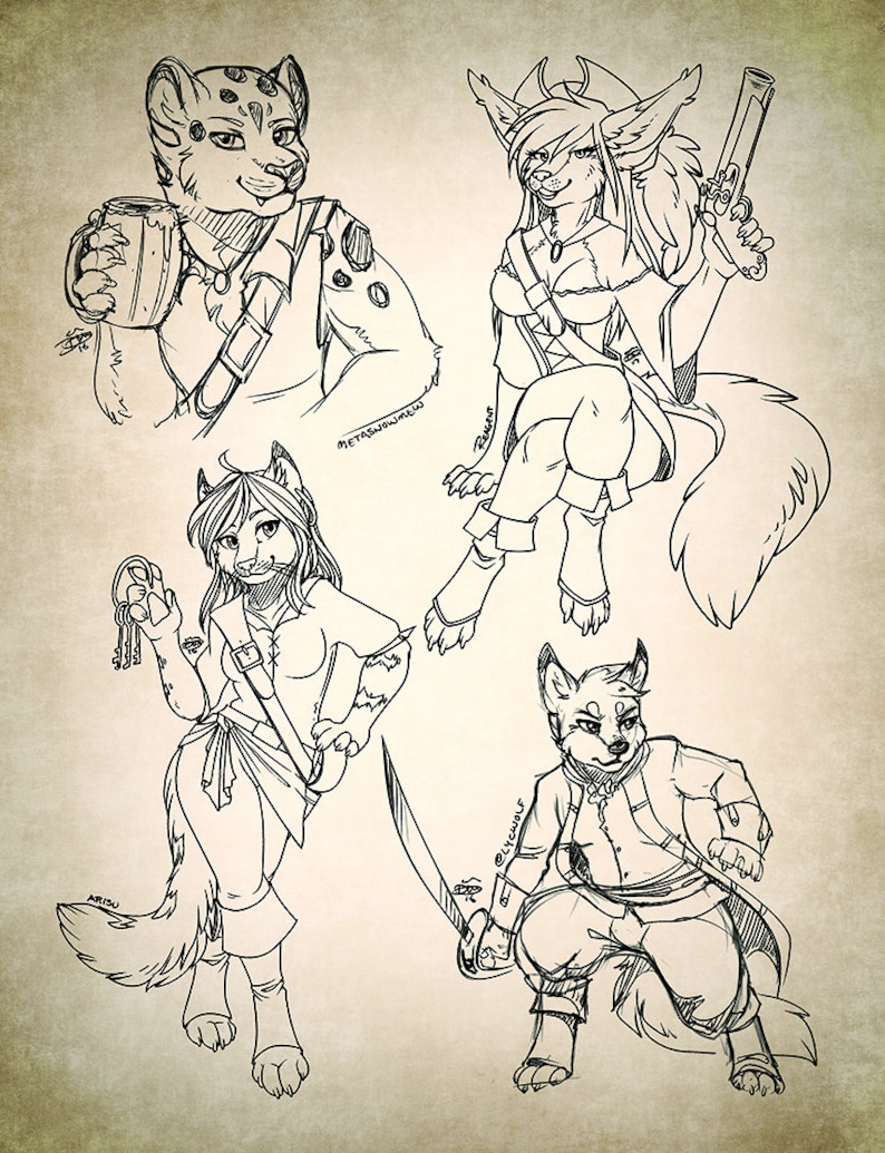 May include: Black and white line art illustration featuring four anthropomorphic animal characters in various poses. One holds a mug, another a pistol, a third keys, and the last a sword. The background is a textured, sepia tone.