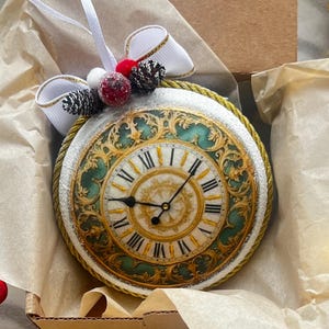 Vintage Clock Ball Christmas Ornament, Gilded Emerald Dial