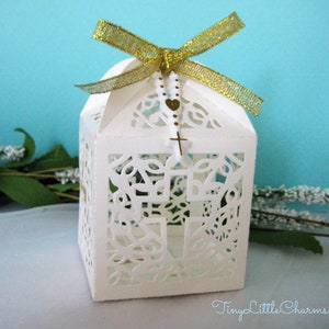 12 boxes Holy Cross Ivory Favor Boxes with Rosary Charm & Gold Ribbon for Christening, Baptism Party, First Communion Celebration image 1