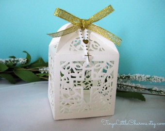 12 boxes Holy Cross Ivory Favor Boxes with Rosary Charm & Gold Ribbon for Christening, Baptism Party, First Communion Celebration