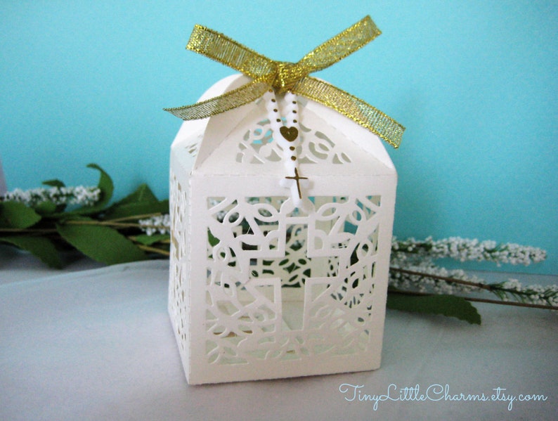 12 boxes Holy Cross Ivory Favor Boxes with Rosary Charm & Gold Ribbon for Christening, Baptism Party, First Communion Celebration image 1