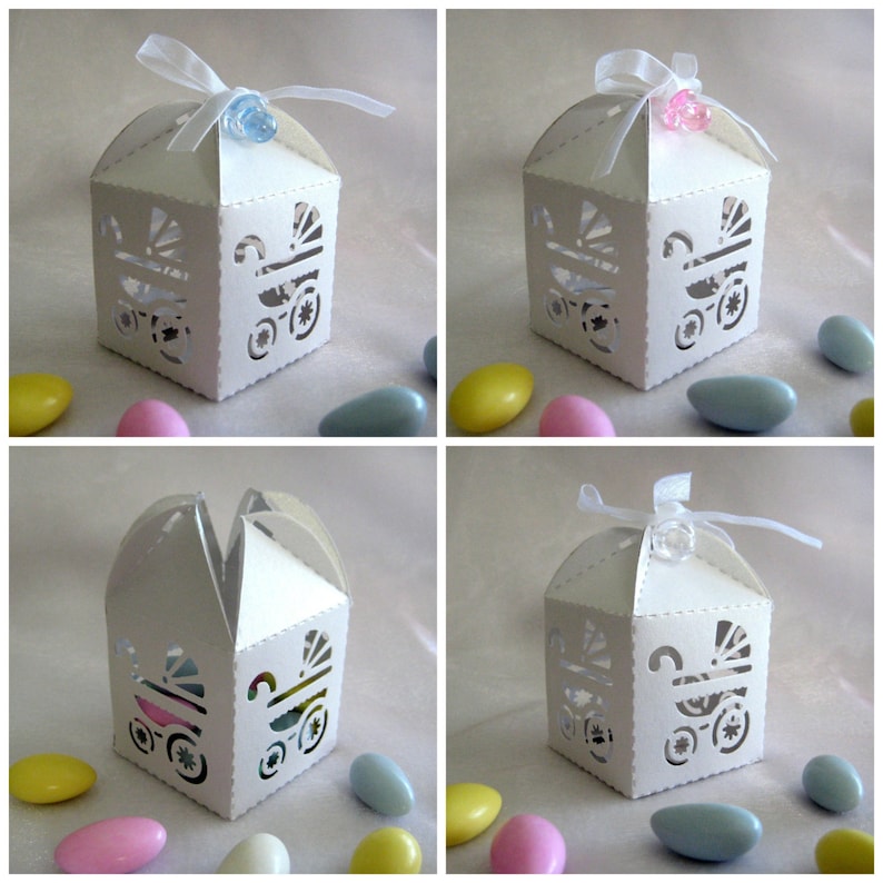 FREE SHIPPING White Baby Carriage Party Favor Boxes with Pacifier for Baby Shower Favors