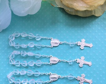 Clear Mini Rosary with Silver Chain for Christening, Baptism, First Communions Celebration, Religious favors, 3.5" Length, Set of 10