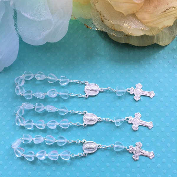 Clear Mini Rosary with Silver Chain for Christening, Baptism, First Communions Celebration, Religious favors, 3.5" Length, Set of 10