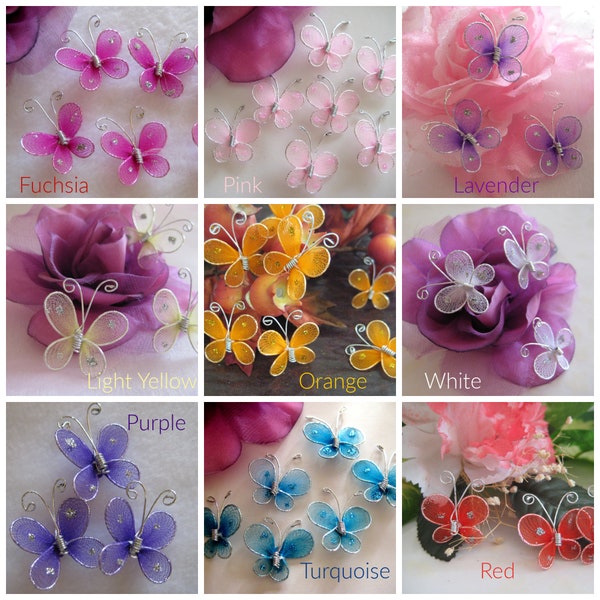 36 Assorted 1" Lavender, Purple, Red, Pink, Fuchsia, Orange, Turquoise & Light Yellow, White Nylon Butterfly for Party Favors