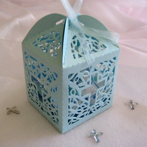Holy Cross Pearled Blue Favor Boxes for Christening Favors, Baptism Party, First Communions Celebration  - Set of 12