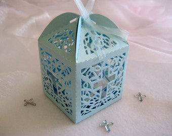 Holy Cross Pearled Blue Favor Boxes for Christening Favors, Baptism Party, First Communions Celebration  - Set of 12
