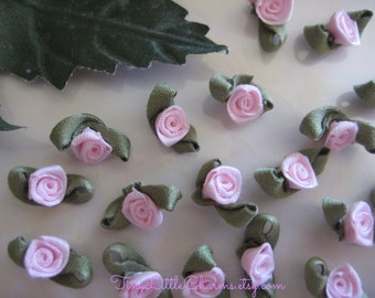 Tiny Pink Ribbon Rosettes Appliqués Dark Green leaves for Crafting, Sewing, Doll Clothes, Embellishment, 1/2 inch / 13 mm, 20, 36 pieces