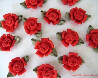 Red Flower Appliques with Green leaves for Christmas, Crafting, Sewing, Girl, Doll Clothing, Embellishment, 1.25 inches, 10, 20 or 30 pieces