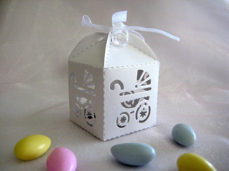 FREE SHIPPING White Baby Carriage Party Favor Boxes with Pacifier for Baby Shower Favors