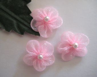 Tiny Pink Organza Flower Appliques Small Pearl Center, Sewing, Crafting, Dolls Clothes, Embellishment, 1/2" (13 mm) 15, 30, 50 or 100 pieces