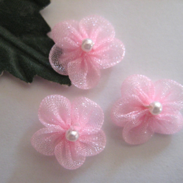 Tiny Pink Organza Flower Appliques Small Pearl Center, Sewing, Crafting, Dolls Clothes, Embellishment, 1/2" (13 mm) 15, 30, 50 or 100 pieces