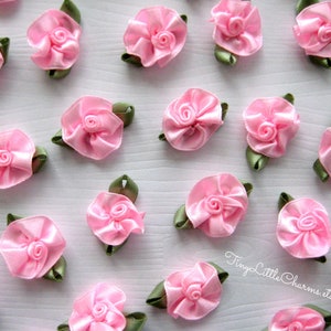 Hot Pink Flower Appliques Green leaves, Crafting, Sewing, Wedding, Girl Dressing, Doll Clothing, Embellishment, 1 inch, 12, 24 or 36 pieces