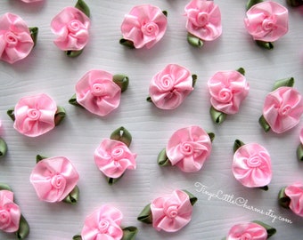 Hot Pink Flower Appliques Green leaves, Crafting, Sewing, Wedding, Girl Dressing, Doll Clothing, Embellishment, 1 inch, 12, 24 or 36 pieces