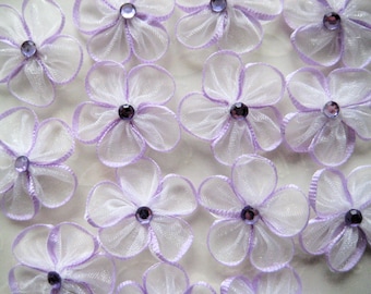 Lavender Organza Flowers Appliques with lavender Trim, Lavender Rhinestone Center for Embellishment, Doll Clothing, 1 inch, 12, 30 pieces