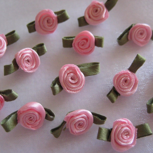 30 pcs Medium Pink Small Satin Ribbon Rose Flower with Green leaves Appliqués  for Crafting, Sewing, Doll Clothes - 3/4 inch / 20 mm