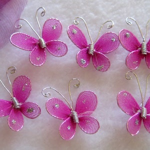 Fuchsia Nylon Butterfly Embellishments for Wedding Favors, Invitation Card Making, Flower Arrangement, 1 Inch / 25 mm, 24 or 50 pieces