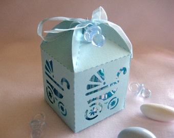 Baby Boy Blue Carriage Party Favor Boxes Die Cut with Blue Translucent Pacifier for Baby Shower Favors, 12 Boxes per set