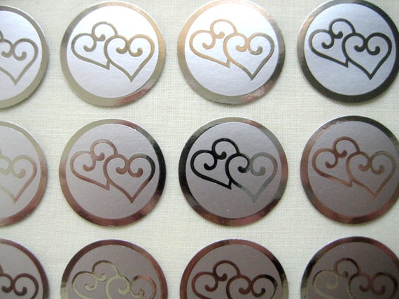 Silver Double Heart Stickers for Wedding Announcements Seal Stickers,  Anniversary Envelopes Seals, Love Events, 1 Inch, 60 or 100 Stickers 