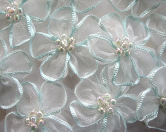 Pale Blue Organza Flower Appliques Iridescent Beads Center for Sewing, Crafting, Embellishment, Headband, 1.5 inches, 6, 12, 36  pieces