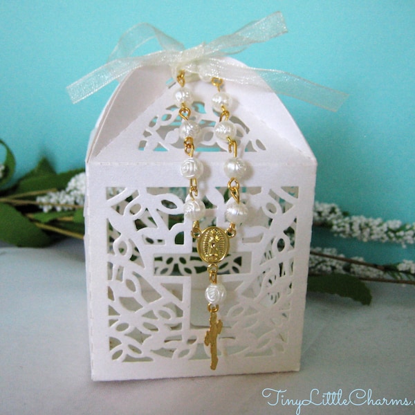 12 Holy Cross IVORY Party Favor Boxes with Mini Rosary Gold Chain for Christening, Baptism, First Communion Favors, Confirmations