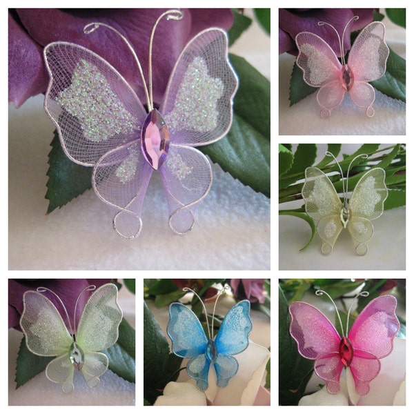 2 inches Nylon Butterflies Lavender, Pink, Light Yellow, Pale Green, Turquoise, Fuchsia  for Party Favors, Baby Shower, Wedding, 12 pieces