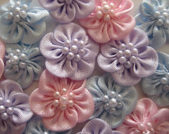 Assorted Flower Appliques Pink, Blue, Lilac with 7 Pearls Center for Crafting, Sewing, Embellishment, Doll Clothes, 3/4 inch (20 mm), 18 pcs