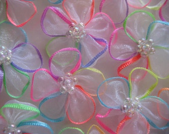 Rainbow Organza Flower Appliques Iridescent Beads Center for Crafting, Doll Clothes, Embellishment, Headbands, 1.5 inches, 6, 12, 36 or 50