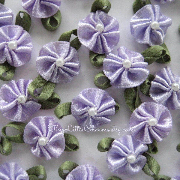 Lavender Satin Ribbon Flower with Pearl Center Appliques for Sewing, Crafting, Doll's Clothing, 1 inch / 25 mm,  15 or 30 pieces