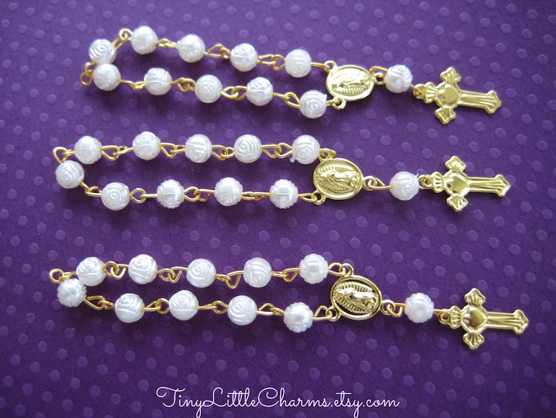 Pearl Mini Rosary with Gold Chain for Christening, Baptism, First Communions Celebration, Religious favors, 3.5 Length, Set of 10 image 3