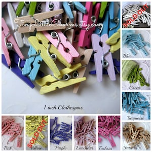 Mini Wooden Clothespins for Gift Tags, Blue, Pink, Natural, Lavender, Purple, Green, White, Turquoise, Fuchsia, 1 inch, 30 or 50 pieces