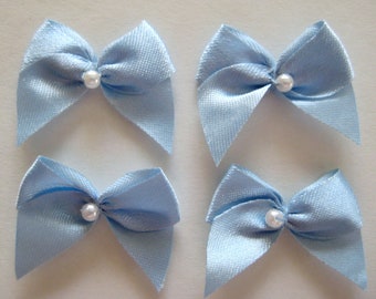 Blue Satin Ribbon Bows with Pearl Center for Crafting, Sewing, Doll Shoes, Wedding Favors "Something Blue" , 1 inch / 25 mm, 20 or 30 pieces