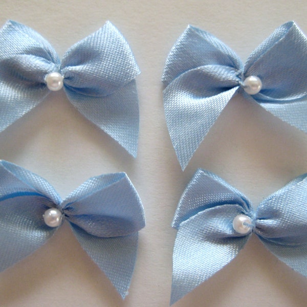 Blue Satin Ribbon Bows with Pearl Center for Crafting, Sewing, Doll Shoes, Wedding Favors "Something Blue" , 1 inch / 25 mm, 20 or 30 pieces