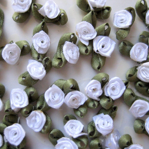 Tiny WHITE Ribbon Rose Bud Appliqués with Green leaves for Crafting, Sewing, Baby, Doll Clothes, Embellishment - 1/2 inch, 20, 36 pieces