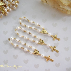 Pearl Mini Rosary with Gold Chain for Christening, Baptism, First Communions Celebration, Religious favors, 3.5 Length, Set of 10 image 1