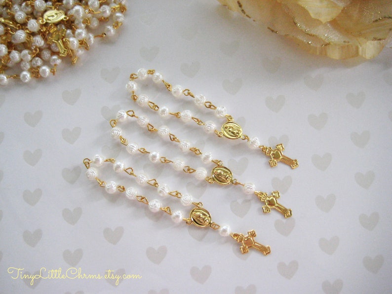 Pearl Mini Rosary with Gold Chain for Christening, Baptism, First Communions Celebration, Religious favors, 3.5 Length, Set of 10 image 1