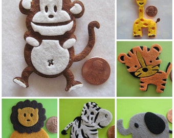30 Felt Animal Ornaments Monkey, Giraffe, Tiger, Lion, Elephant and Zebra for Safari / Jungle Themed, Baby Shower Favors