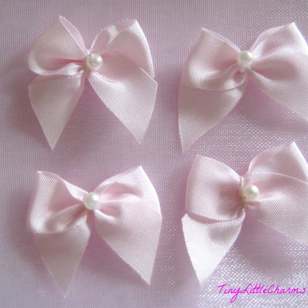 1" Pink Satin Ribbon Bows with Pearl Bead for Sewing, Crafting, Doll shoes, Embellishment, 1 inch,  3/8" Ribbon Wide, 20, 30 or 50 pieces