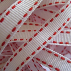 White Ribbon with Red Side Stitching for Gift Wrapping, Hair Bows, Crafting, Sewing, 3/8 inch Wide, 3, 4 or 5 Yards