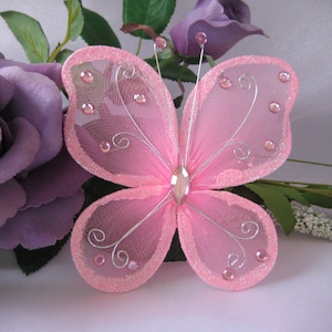 5&quot; Pink Nylon Butterflies for Baby Shower, Wedding Decor, Flower Arrangement, Table Scatters, Baptism, Sweet 16 Favor, 2, 4, or 6 pieces