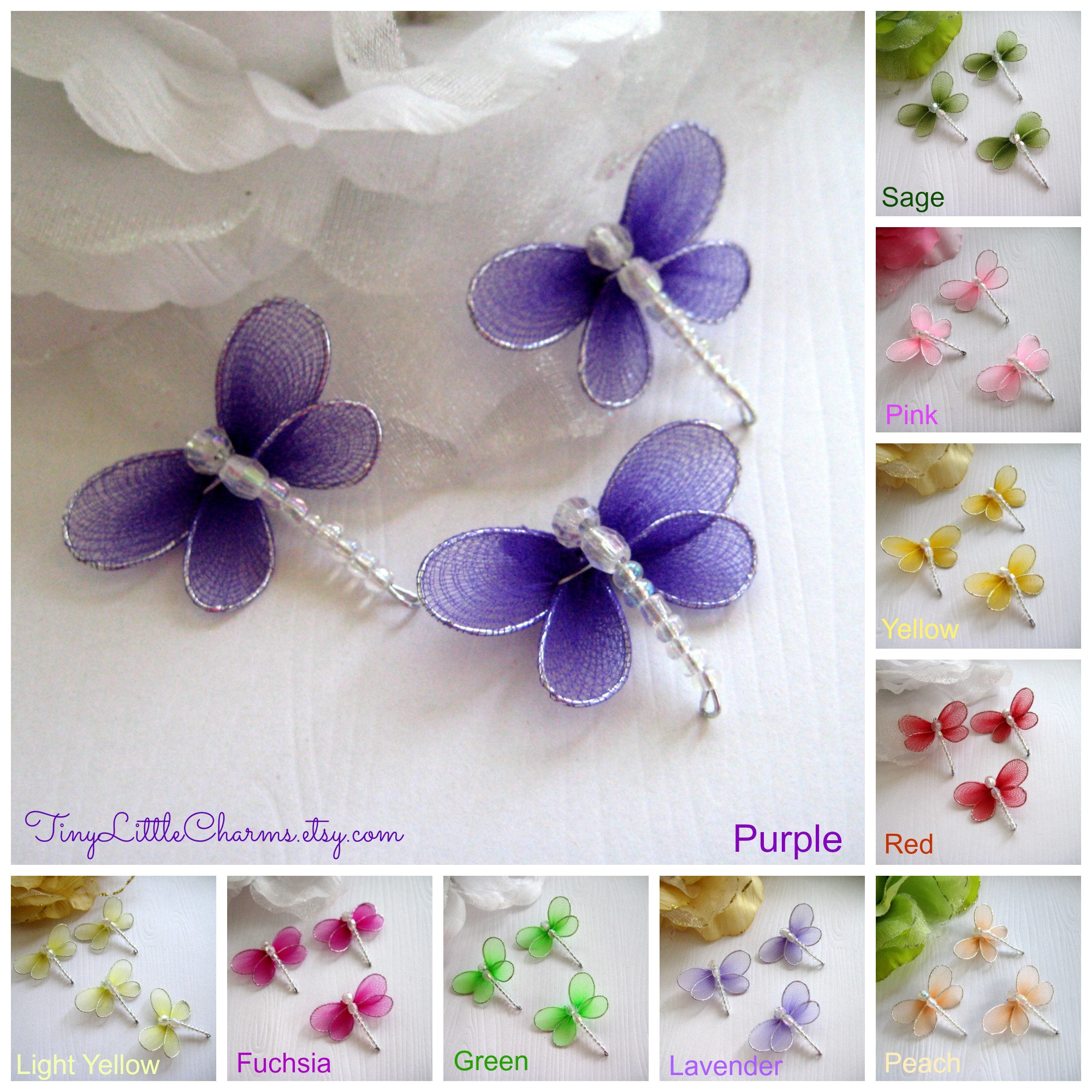 Nylon Dragonfly Pink, Lavender, Purple, Fuchsia, Green, Yellow, Red for Birthday Party, Flower Arrangement, Embellishment, 1.25", 10 pieces