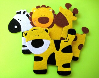 Assort Giraffe, Lion, Tiger, Zebra FELT Animal Ornaments for Jungle Themed, Baby Shower Centerpieces, Banner, Birthday Party, 4 pieces
