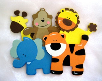 Assorted Wooden Animals Monkey, Giraffe, Tiger, Lion, Elephant for Safari / Jungle Themed, Baby Room Decor, 4 inches, 5 pieces