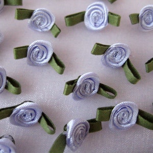 Lavender Satin Flower Appliqués with Green leaves for Crafting, Sewing, Baby Clothes, Embellishment, 0.75 inch-2 cm, 15 or 30 pieces