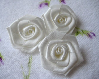 1.5" Ivory Satin Ribbon Rose Appliques for Sewing, Wedding, Party Dresses, Hair accessories, Doll Clothing, Crafting, 12 pieces