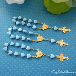 Blue Mini Rosary with Gold Chain for Christening, Baptism, First Communions Celebration, Religious favors, Mi Bautizo, 4&quot; Length, Set of 10