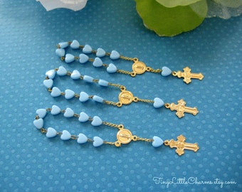 Blue Mini Rosary with Gold Chain for Christening, Baptism, First Communions Celebration, Religious favors, Mi Bautizo, 4" Length, Set of 10